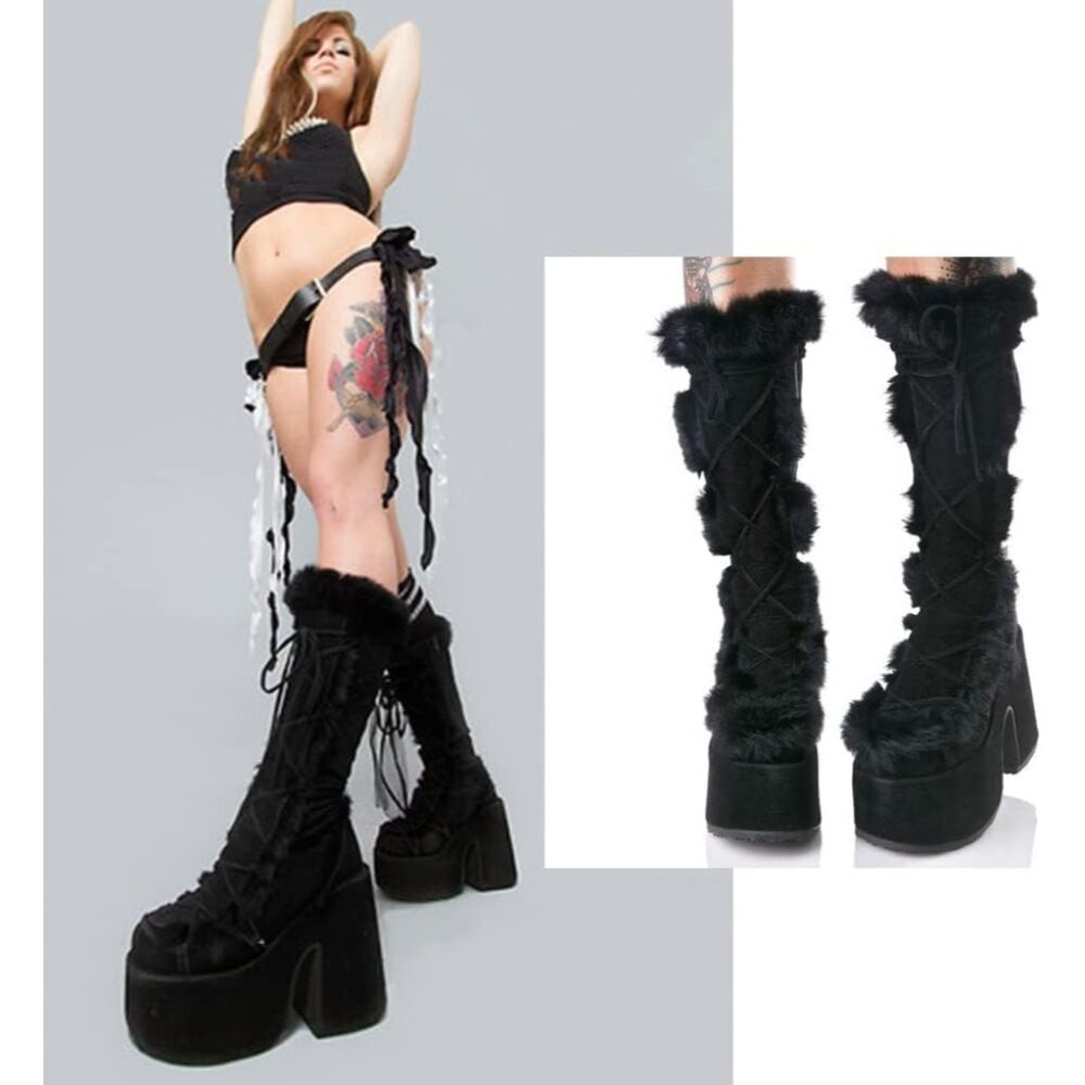 ⚡Womens Black Synthetic Mid Calf Lace Up Chunky High Heel Warm Fur Snow Boots - Picture 2 of 6